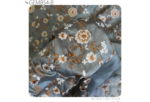 Indian Grey Floral Embroidered by the yard Fabric Sewing DIY Crafting Embroidery Wedding Dresses Costumes Dolls Bags Home Decor Fabric